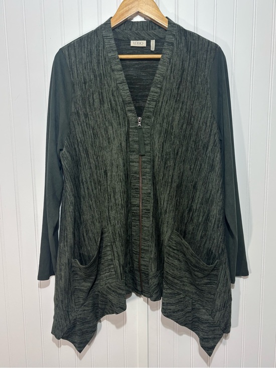 LOGO by Lori Goldstein Jackets & Blazers - LOGO Lori Goldstein Green Zip Front Knit Cardigan Jacket Asymmetrical Hem Size L